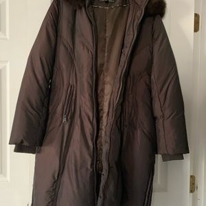 Women’s Via Spiga Down Filled Long Brown Coat Fox Fur Collar Size Medium